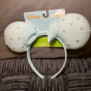 Disney Blue Striped Minnie Ears Headband Bow Spring White Pearls Seersucker